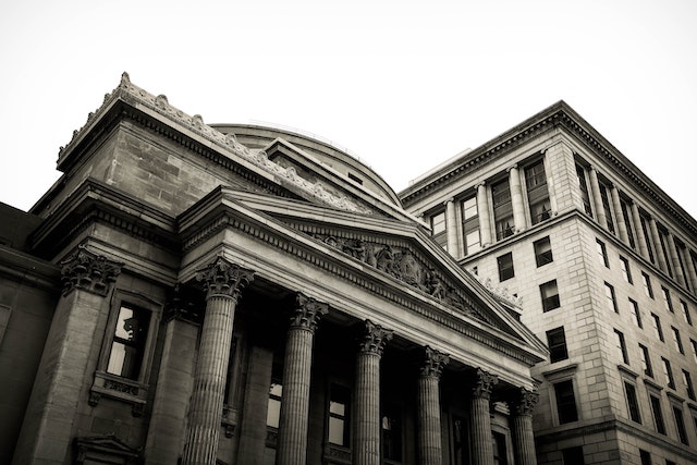 an imposing view of a bank
