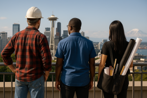 an engineer, architect, and construction worker observing Seattle