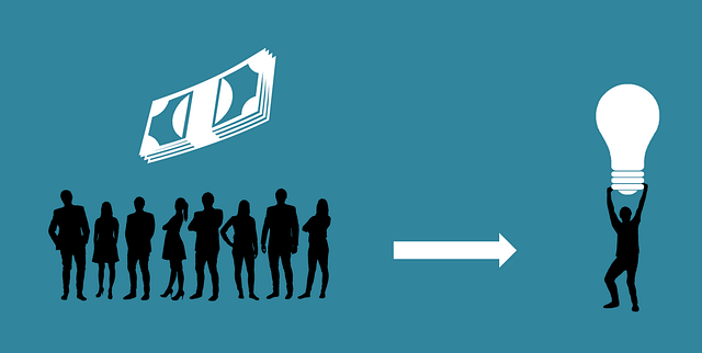 a stack of money above a crowds head with an arrow leading to an individual holding a light above their head indicating an idea