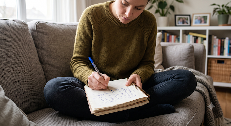young person making two columns in their notebook on the sofa