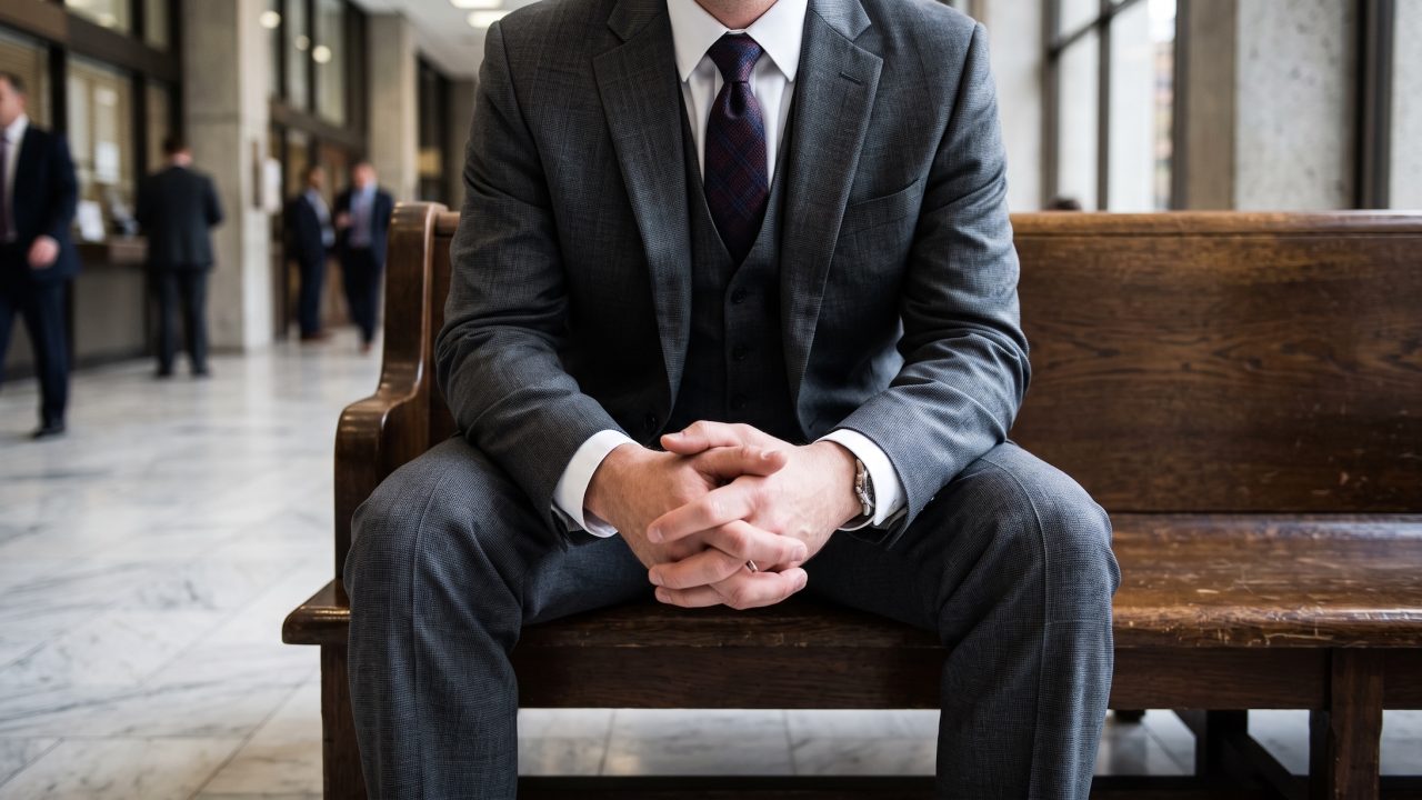 businessperson folding their hands while waiting on a bench