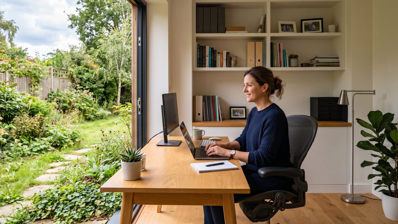 business owner working on laptop with an immaculate office but slightly overgrown backyard.