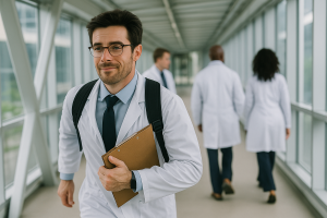 Closeup of a doctor hustling to next hospital crossing a skybridge