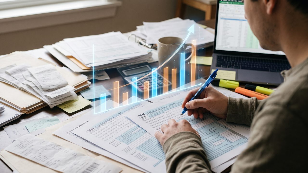 business owner working on a tax forms with a superimposed chart in front of them