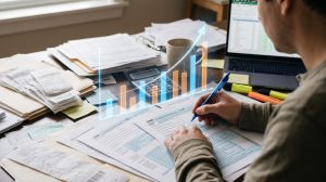 business owner working on a tax forms with a superimposed chart in front of them
