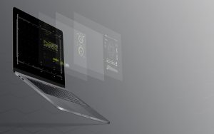 a computer floating with its display projecting