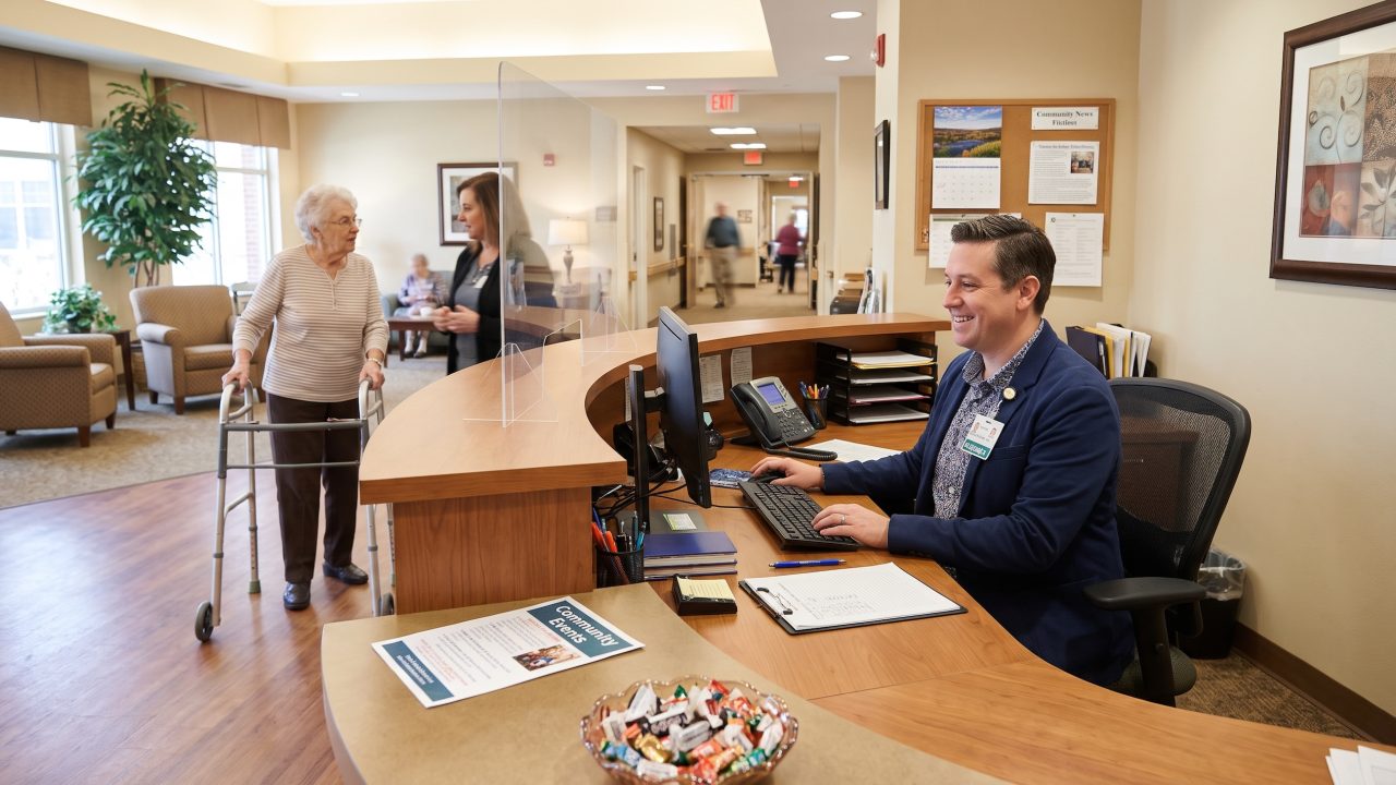a person working the front desk of a senior living facility