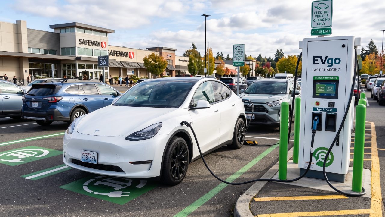 an ev charging in a parking lot near safeway