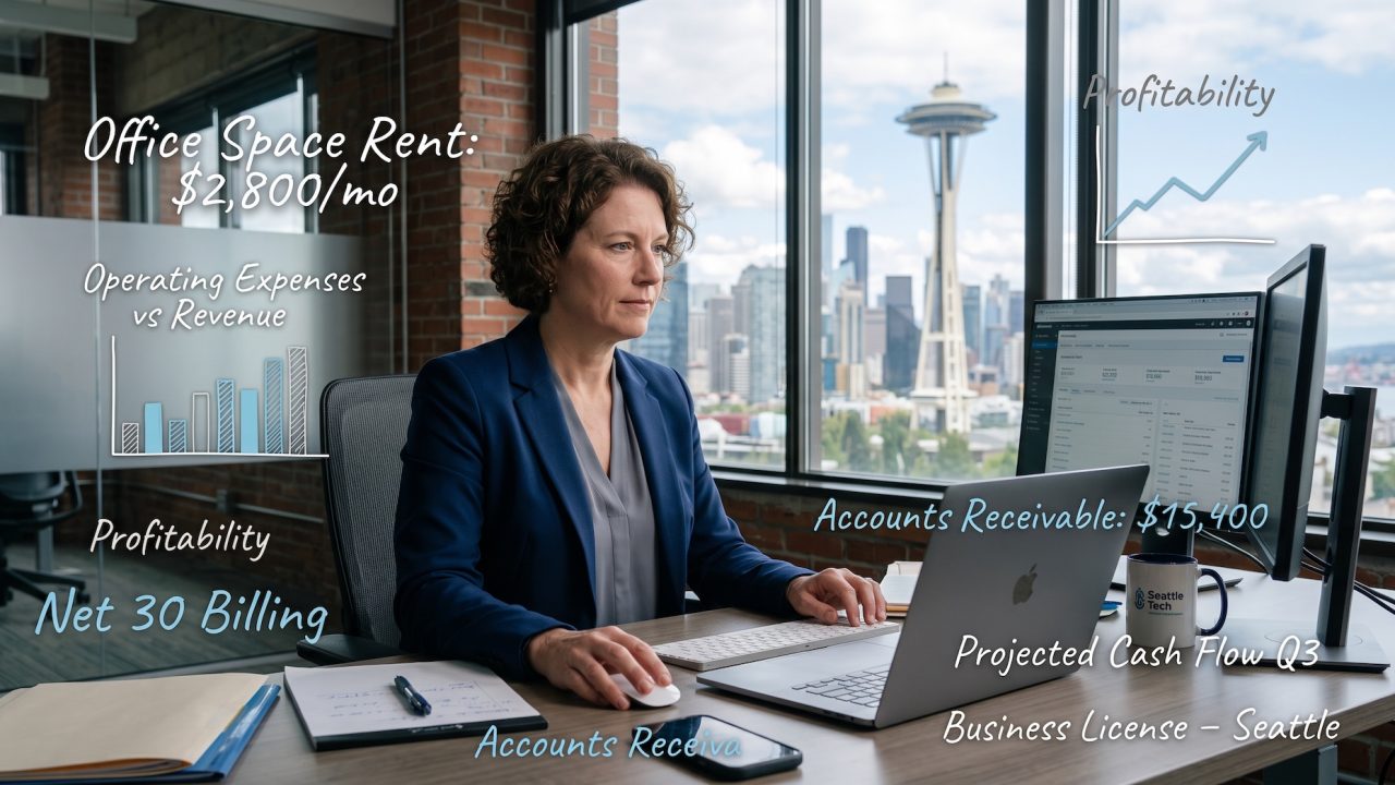 small business owner in seattle balancing their books
