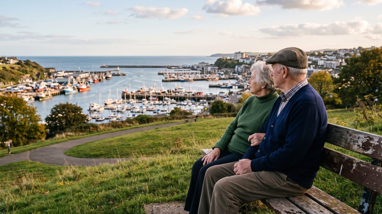 elderly couple staring over the harbor at boats