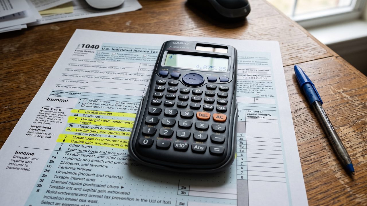 a calculator on top of a tax form on a desk