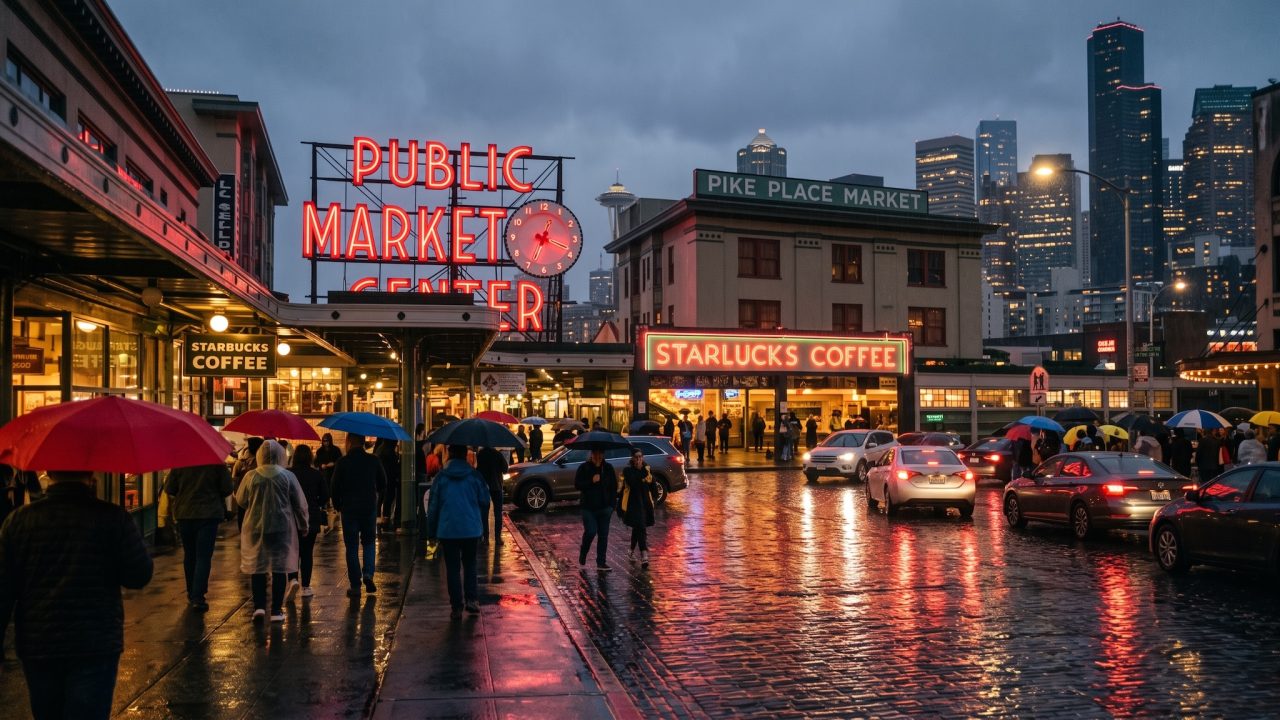 pike market in the rain at night