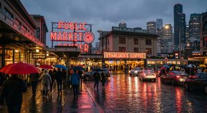 pike market in the rain at night