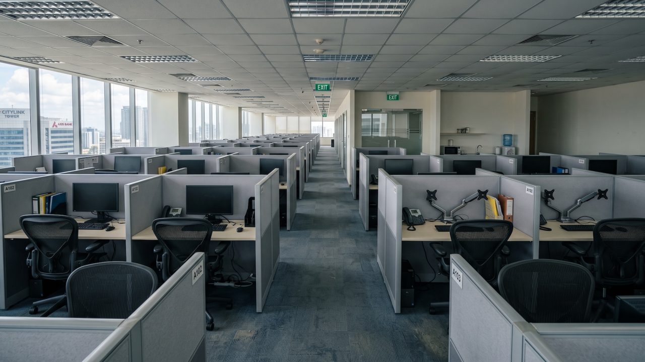 a vacant office space set up with cubicles and computers and empty chairs