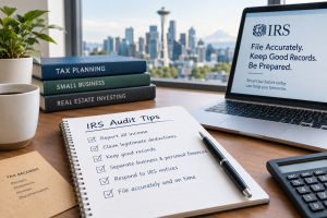 a desk with a view of seattle featuring a notepad with irs audit tips