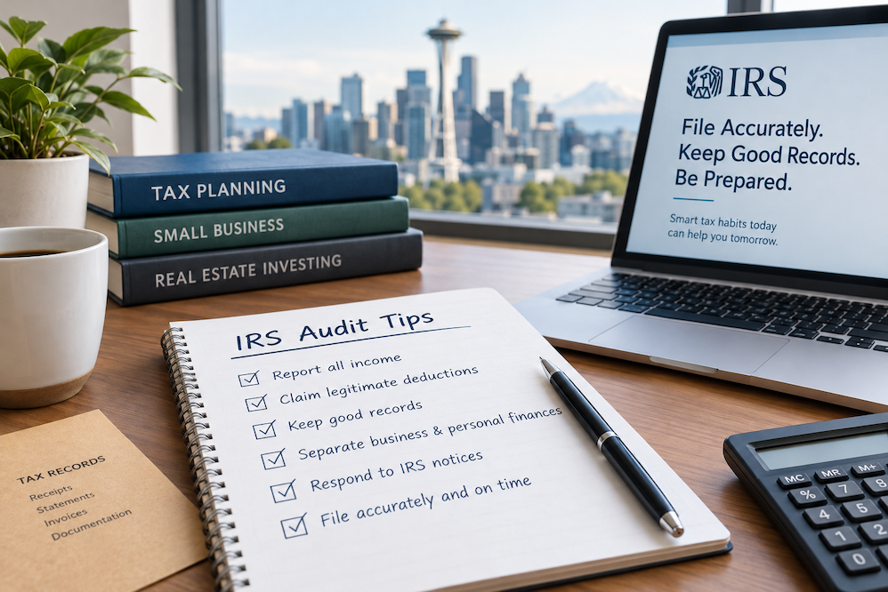 a desk with a view of seattle featuring a notepad with irs audit tips