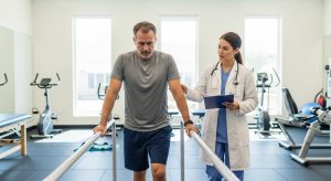 man working on his physical therapy between two rails as a medical physician consults
