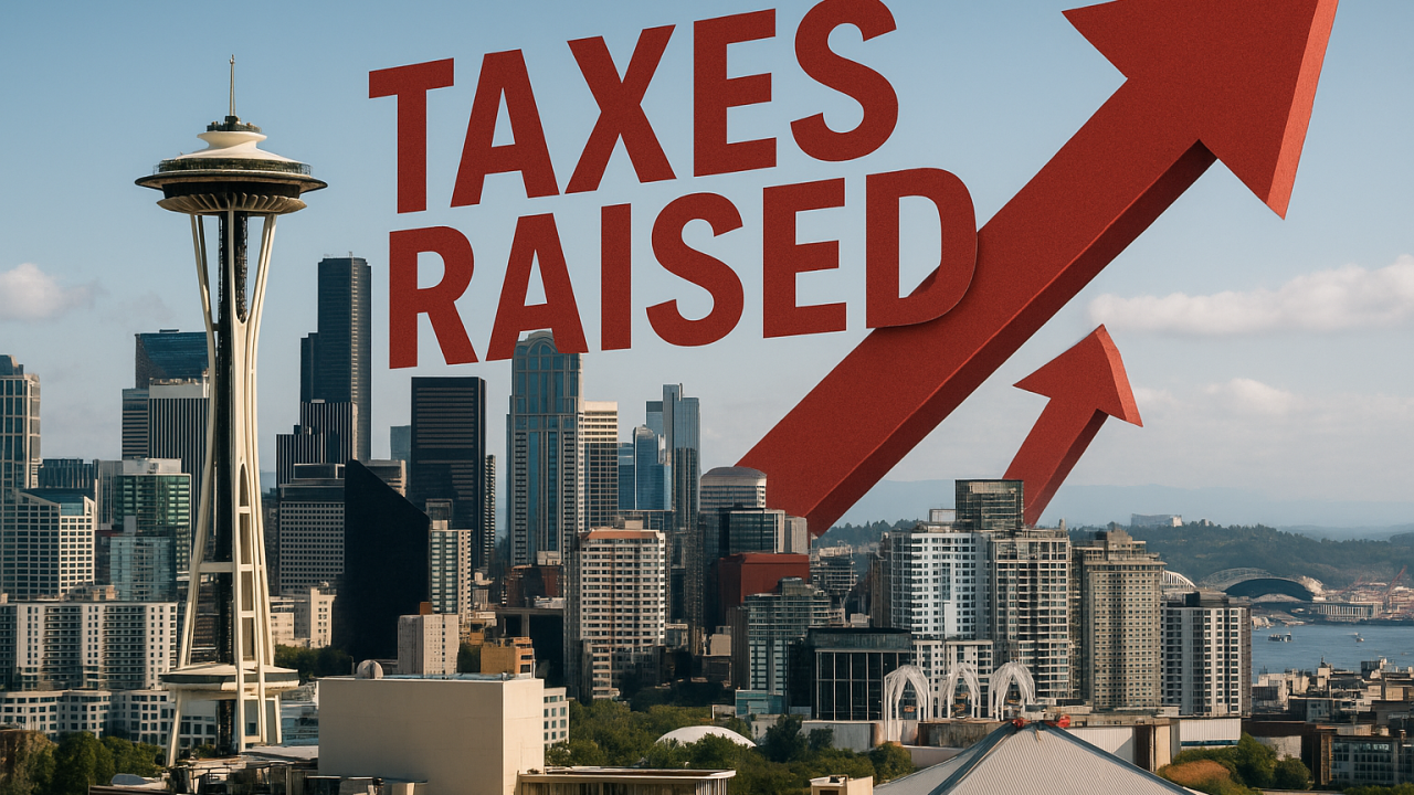 landscape view of seattle with superimposed arrow indicating taxes raised