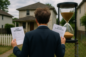 middle-aged business owner debating between a bank statement and lease agreement