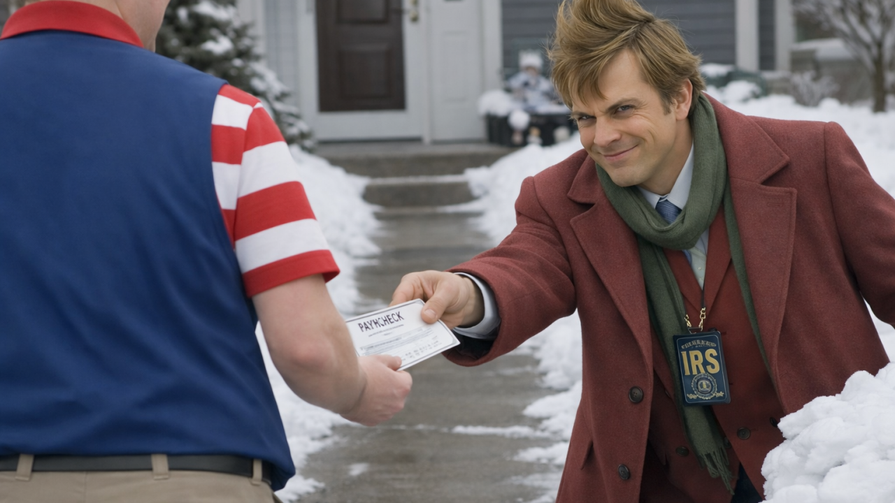 An IRS agent loosely resembling the Grinch and taking a holiday worker's paycheck in front of a snow covered house