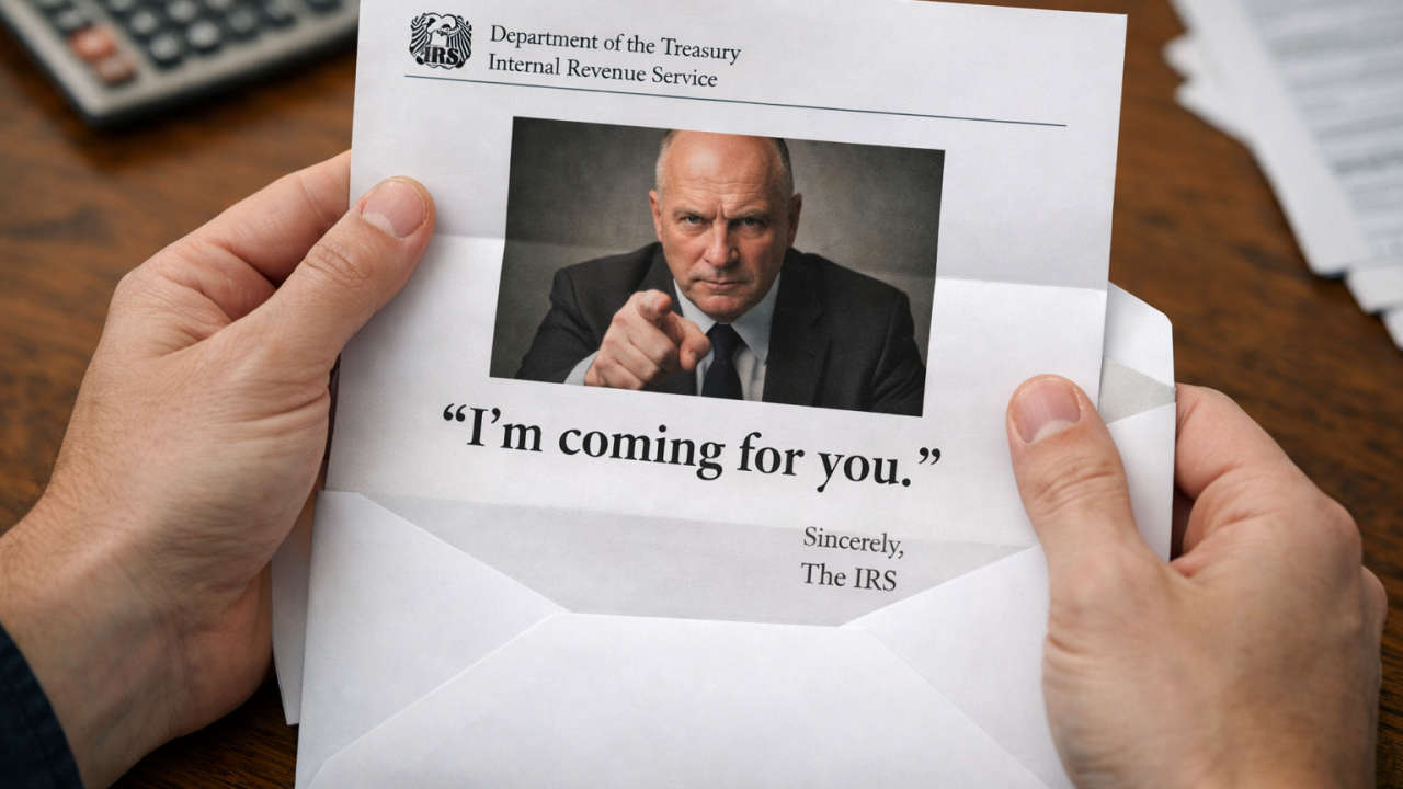 unfolded letter featuring a bald irs agent pointing at the viewer saying 'I am coming for you'