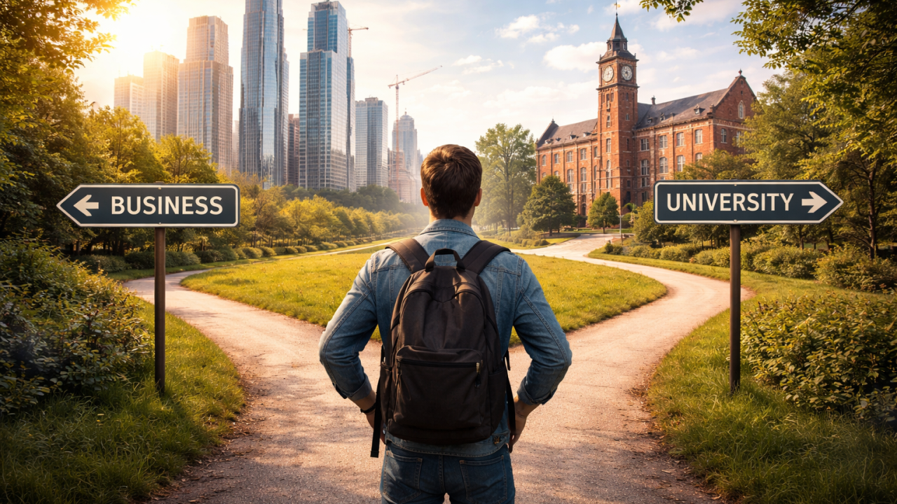 young man debating which path to take in the fork in the road, university or business
