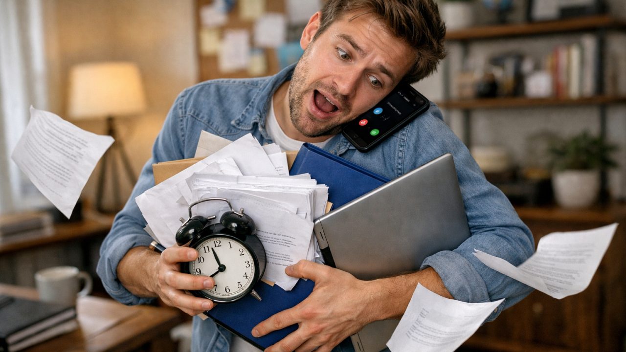 young entrepreneur juggling a laptop, phone, alarm clock and files