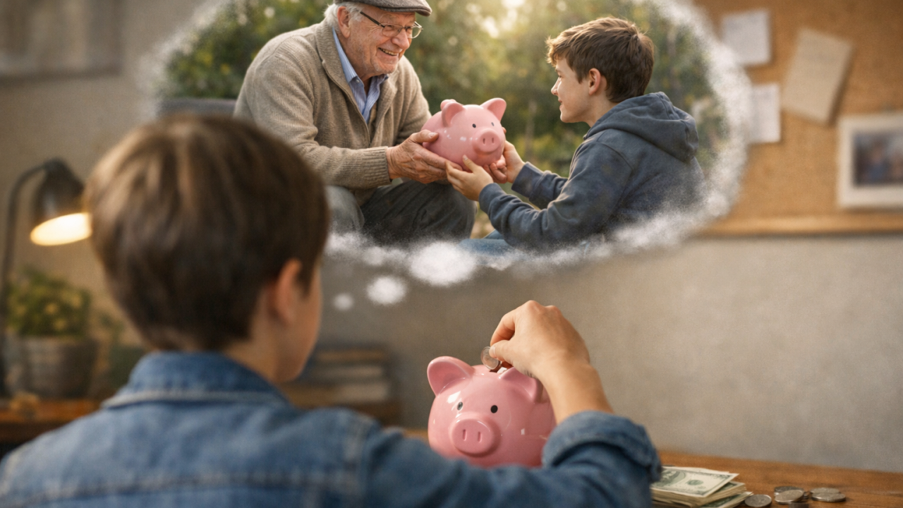 young person putting money into a piggy bank imagining themselves as an old person giving it back
