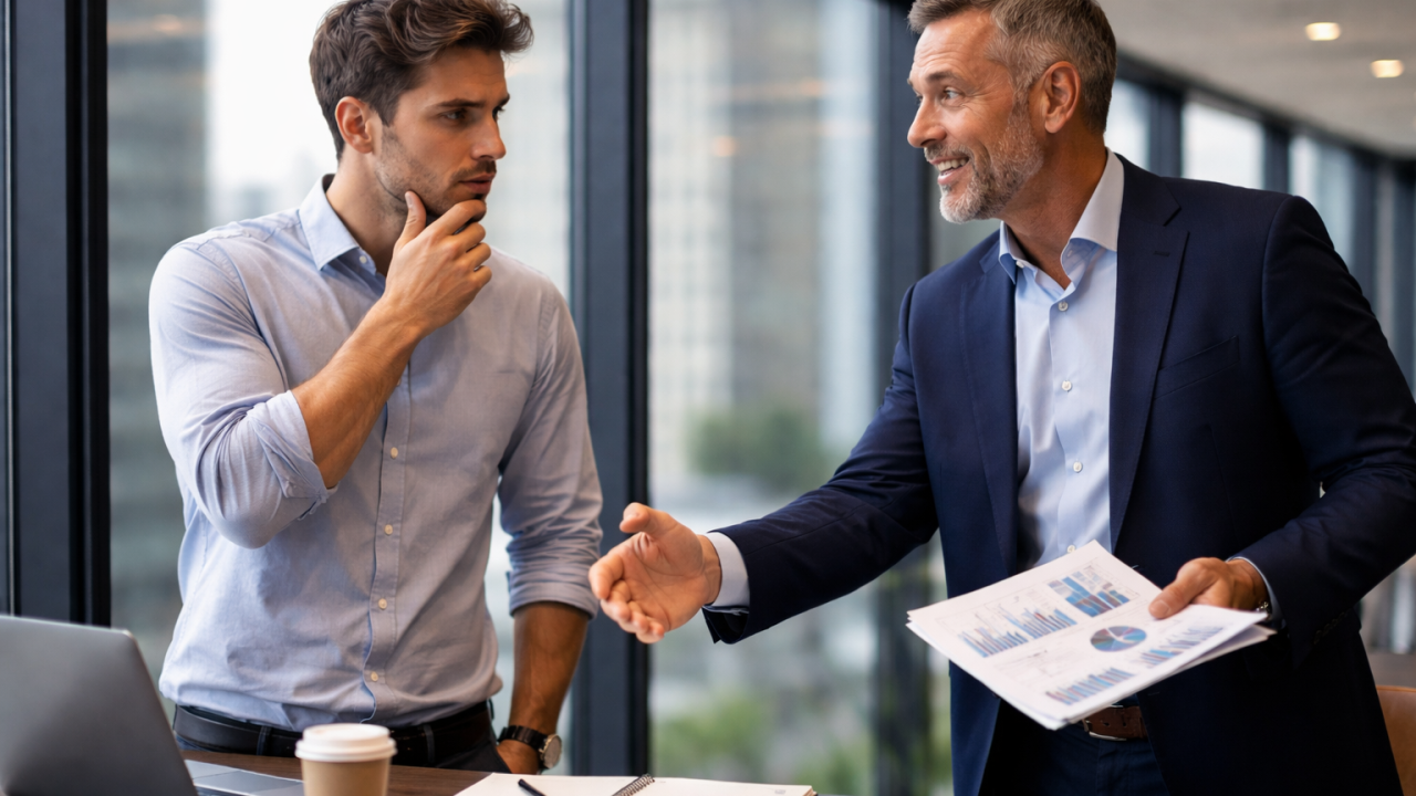 young entrepreneur debating shaking another man's hand