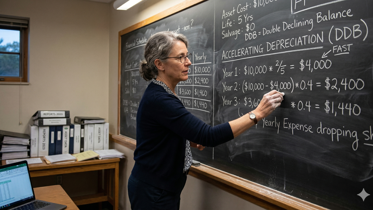 woman writing on a chalkboard akin to accelerating depreciation