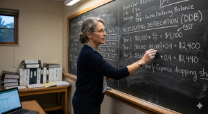 woman writing on a chalkboard akin to accelerating depreciation