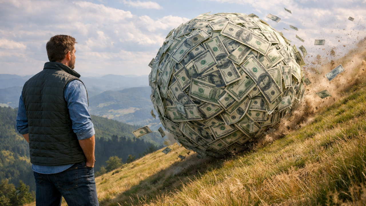 a man watching a money boulder roll down a hill, collecting more funds as it picks up speed.
