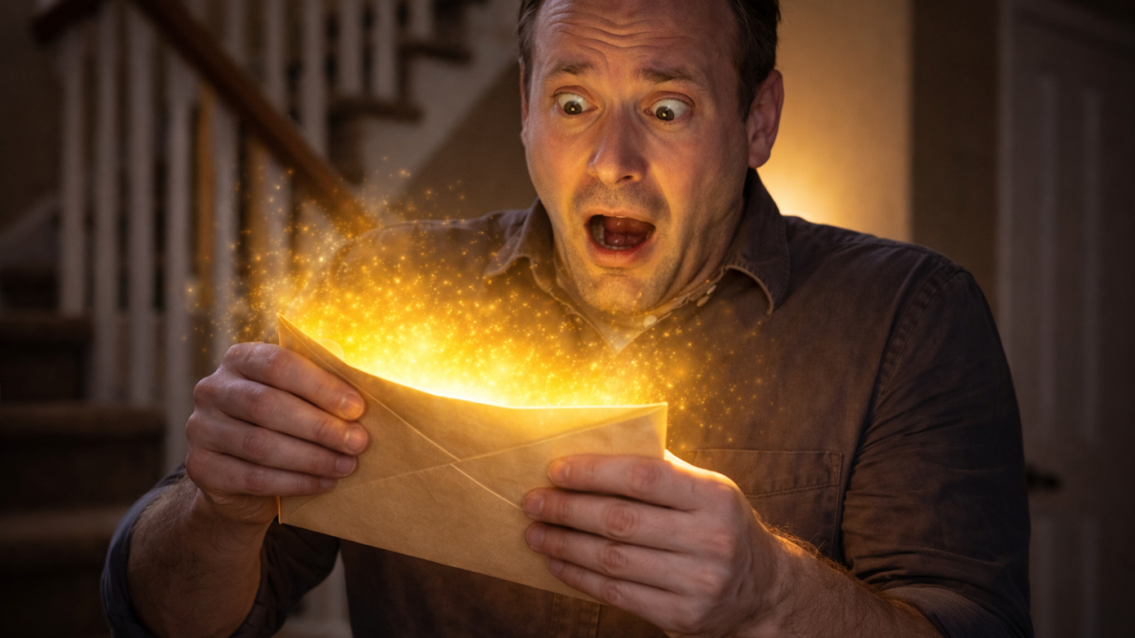 man startled by the contents of the envelop
