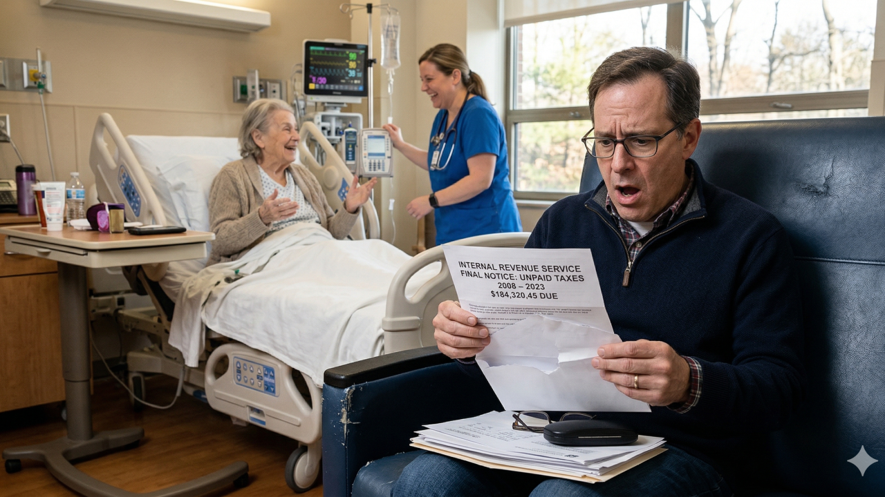 an adult child in the foreground, his elderly parent gabbing with a nurse in the background, opening a notice from the IRS showing years of taxes owed
