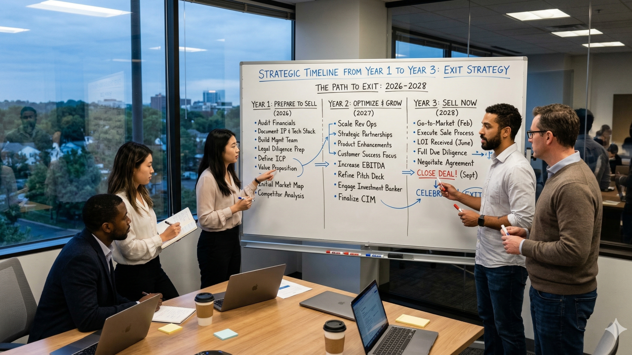 group of entrepreneurs who are developing a 3 year plan to sell the business on a whiteboard