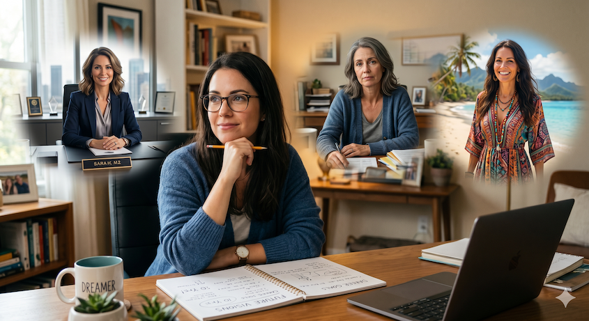 young woman in her 30s envisioning 3 future selves, one as an executive, one the same as she is now, and one living on a beach