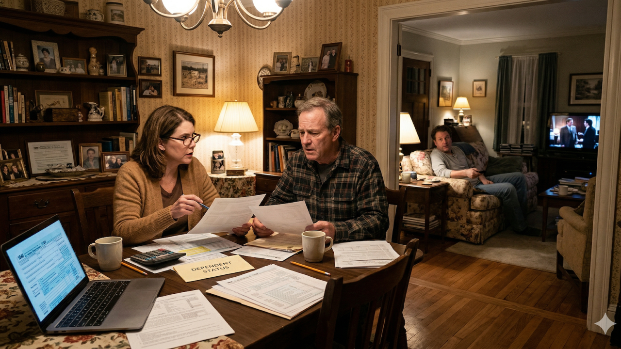 two parents discussing if their middle aged son qualifies as a dependent