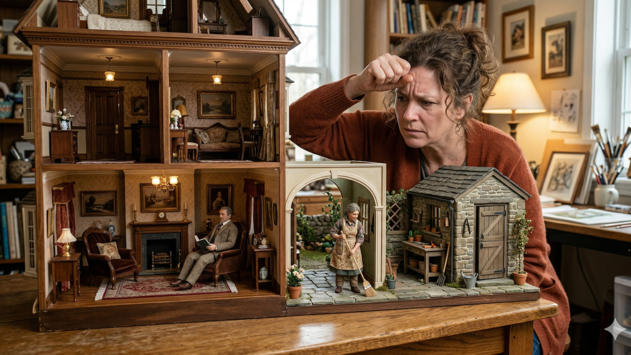 woman looking at a dollhouse trying to understand the relationship between the man inside a palatial estate and the woman sweeping the pathway to a cottage