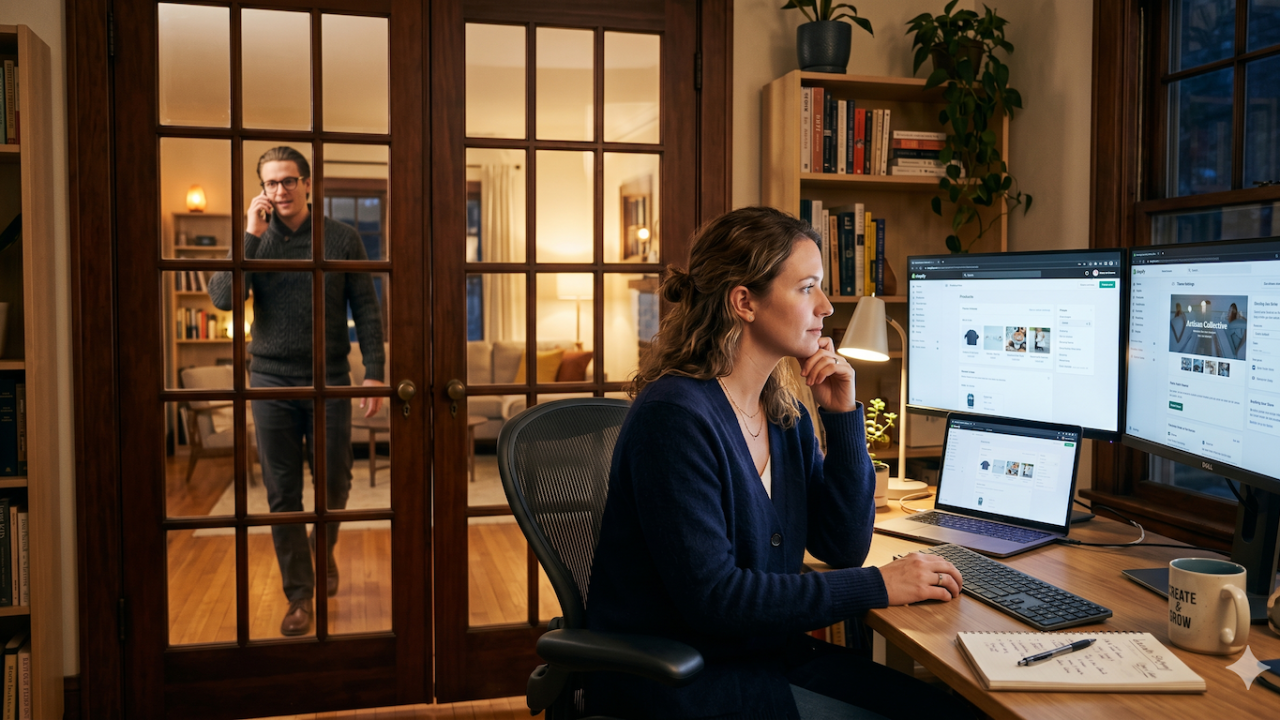 a woman sitting at her desk working on her website.