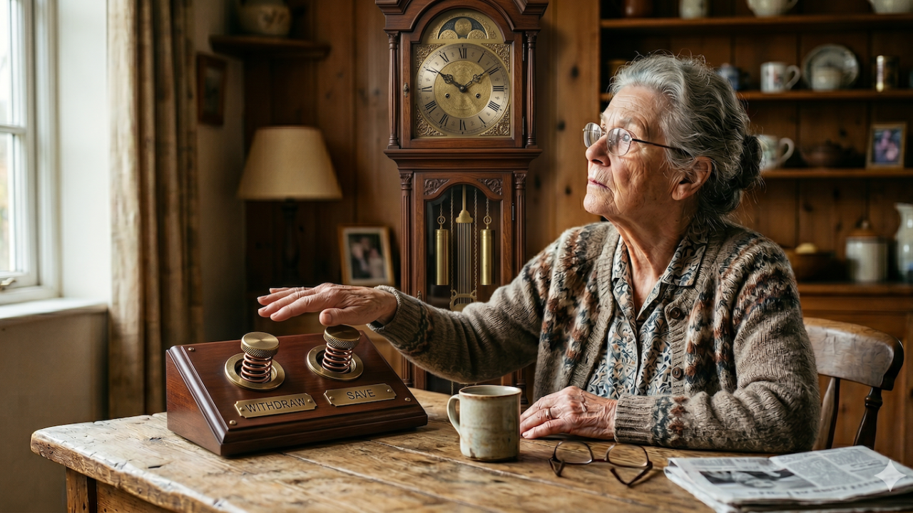 an elderly woman looking at a clock with her hand hovering above the withdrawal button.