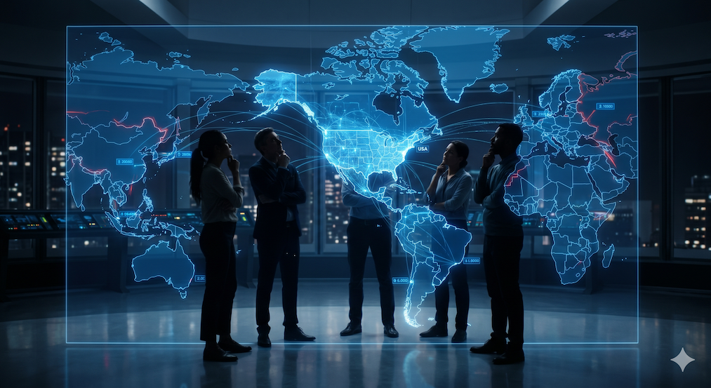 Group of silhouetted people looking at a map of the world