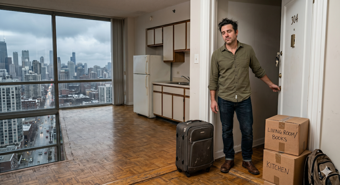 mid 40s man entering an empty high rise apartment with a suitcase and boxes