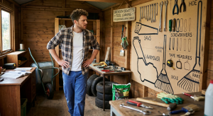 young entrepreneur looking at his tools and seeing which are loaned out vs not based on outlines.