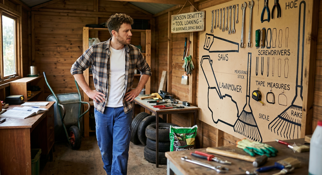 young entrepreneur looking at his tools and seeing which are loaned out vs not based on outlines.