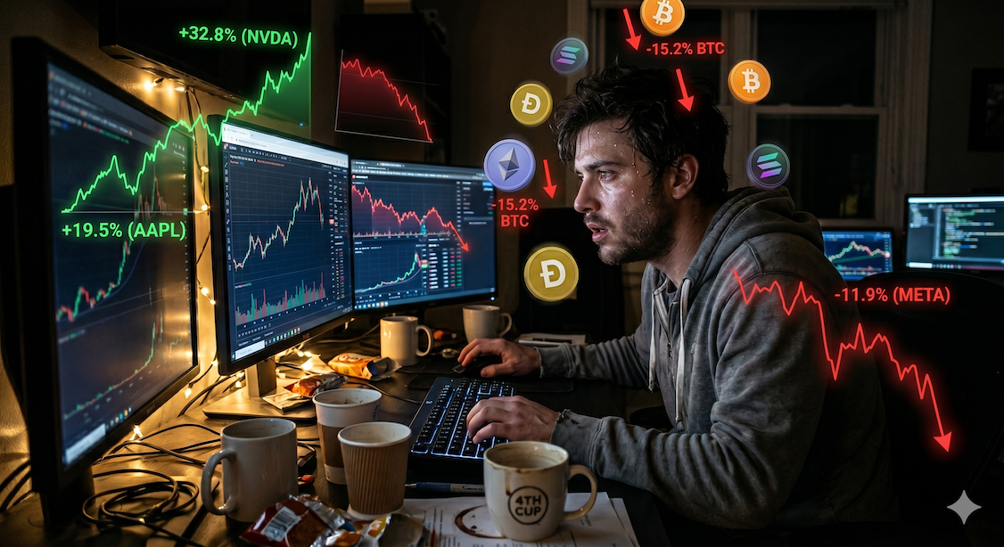 man frantically monitoring the stock market late at night panicked over what's dropping