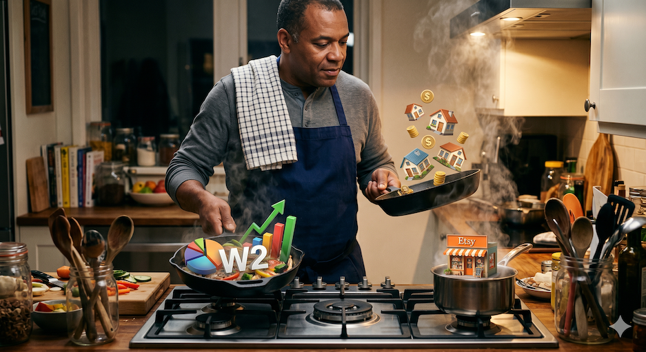 entrepreneur cooking multiple jobs, w2 simmering while his etsy shop is cooking and he's tossing his rental property