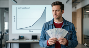 entrepreneur thinking pensively about where to invest his checks while a chart shows AI growth rising