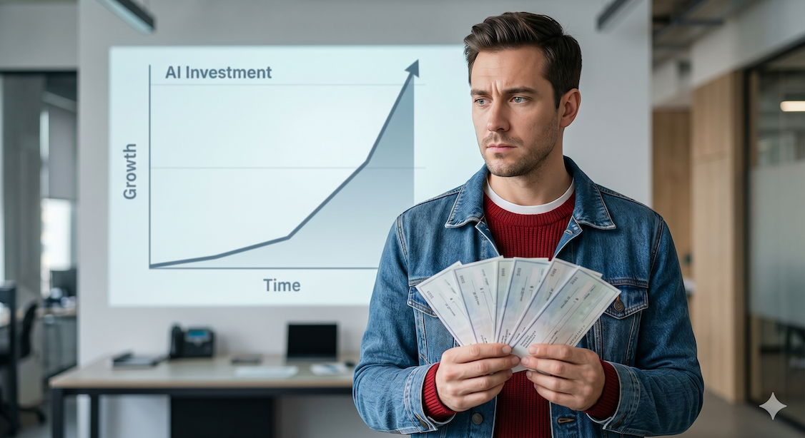 entrepreneur thinking pensively about where to invest his checks while a chart shows AI growth rising