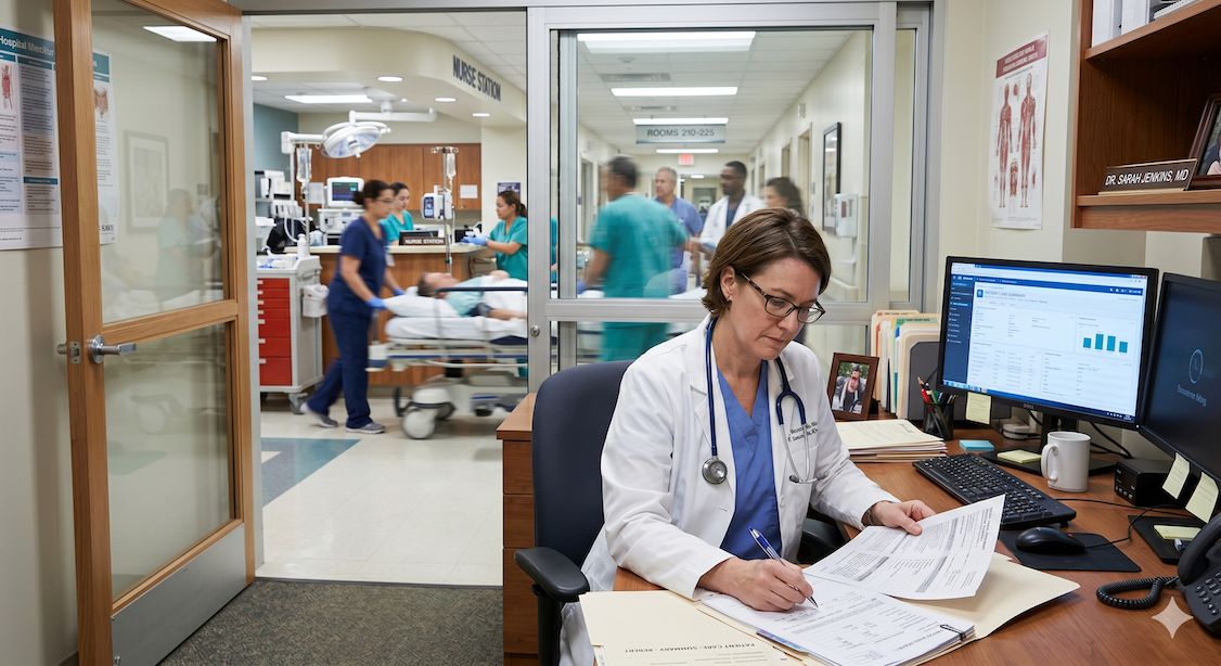 medical professional looking over tax forms in their office while a patient is rushed to a care room