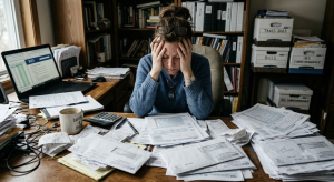 stressed person at their desk with stacks of unfiled tax forms